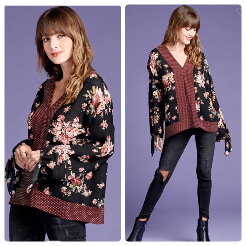 *CLEARANCE* ODDI Floral Tie Sleeve Lightweight Blouse - Picture 5 of 11